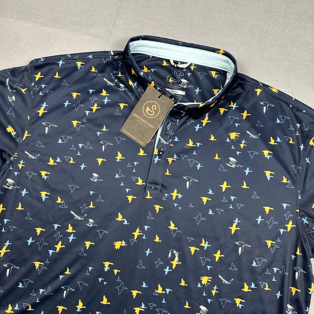 Swannies Golf Corbin Performance Polo Midnight Navy Geese Print Mens XL NEW